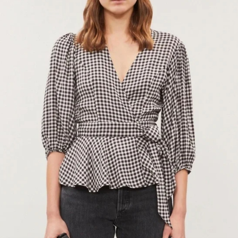 Ganni Black and White Careerwear Gingham Plaid Wrap Top Size Small
